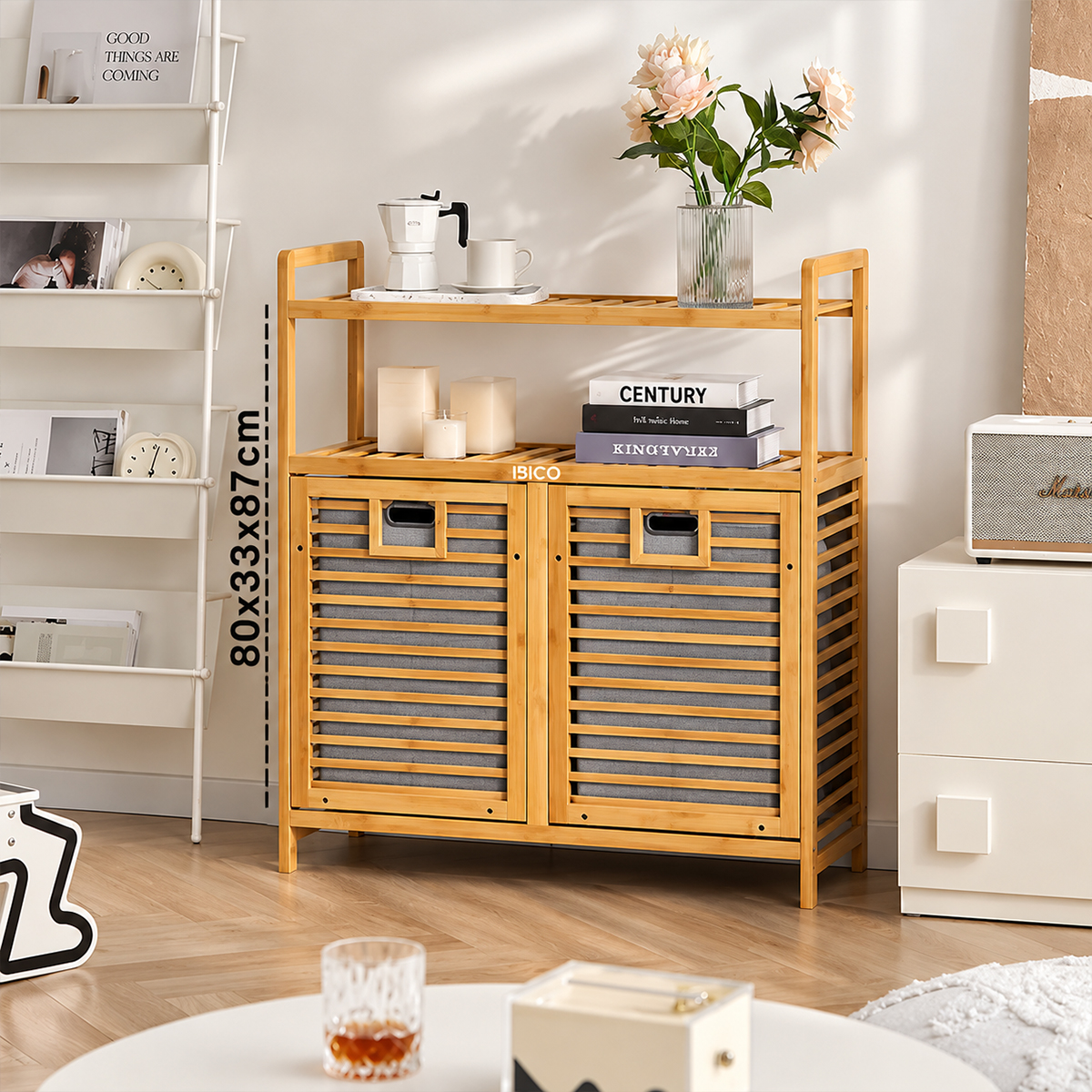 Bambu Kirli Çamaşır Sepeti 2 Bölmeli 2 Kat Organizer 80x33x87 cm