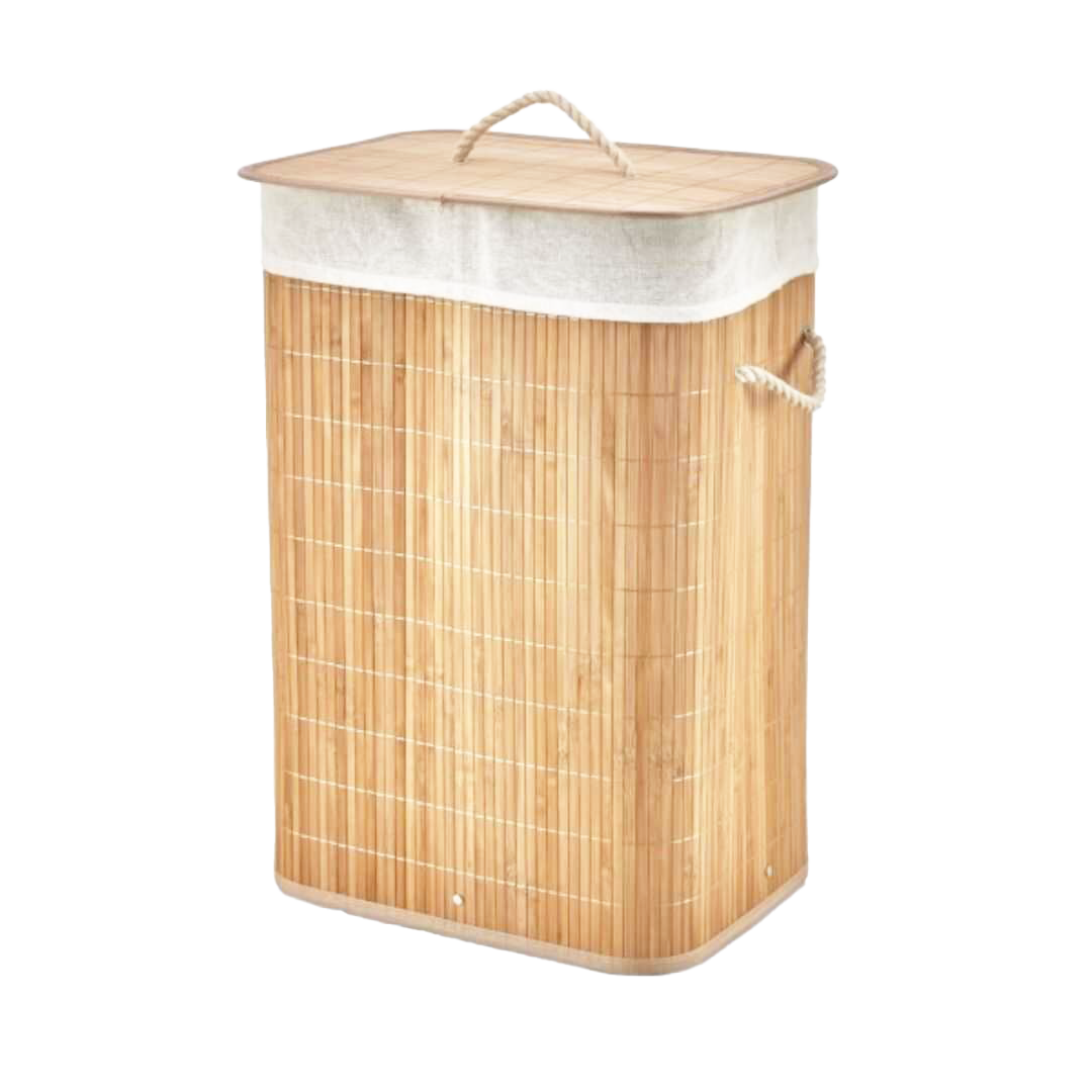 Bambu Kirli Çamaşır Sepeti 40x30x60 cm - Kapaklı İpli Kumaş Torbalı
