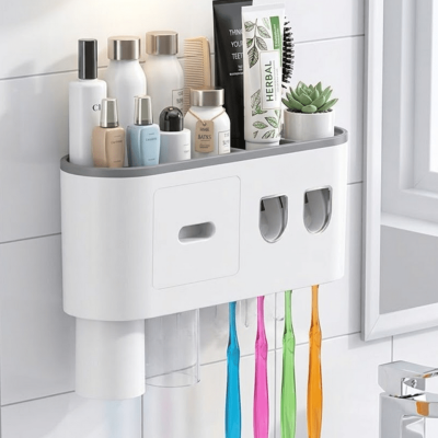 Banyo Organizer Diş Fırçası Tutucu Çift Dispenserli Raflı Çekmeceli