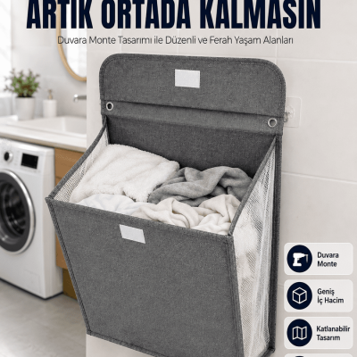 Banyo ve Çamaşır Odası İçin Duvara Asılan Katlanabilir Çamaşır Sepeti