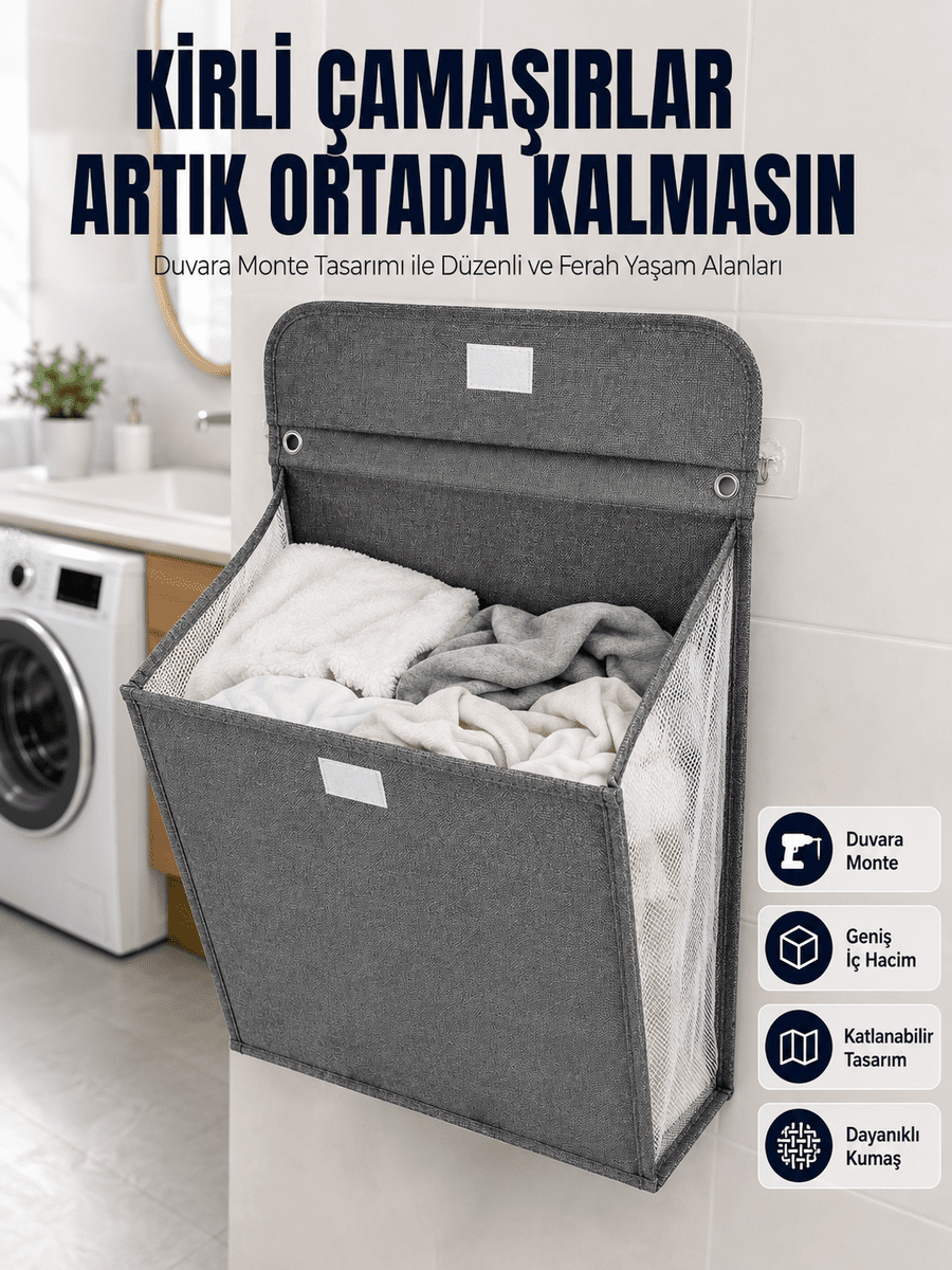 Banyo ve Çamaşır Odası İçin Duvara Asılan Katlanabilir Çamaşır Sepeti