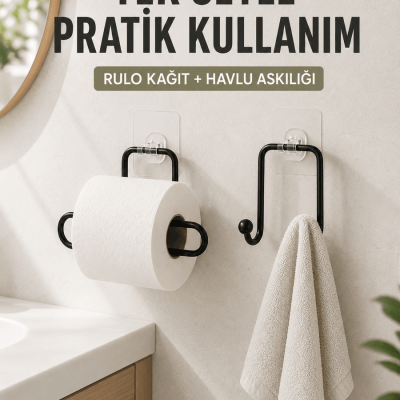 Banyo ve Mutfak İçin Yapışkanlı Havlu Askılığı ve Rulo Kağıt Tutucu Set