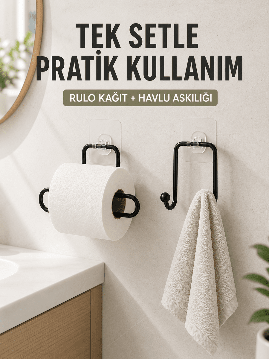 Banyo ve Mutfak İçin Yapışkanlı Havlu Askılığı ve Rulo Kağıt Tutucu Set