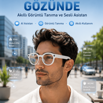 Beyaz 3 Lensli Akıllı Kamera Gözlüğü Yapay Zeka Sesli Asistan Görüntü Tanıma Bluetooth Görüşme ve Müzik Özellikli