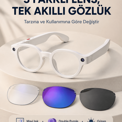 Beyaz Akıllı Kamera Gözlüğü Fotoğraf Video Çekimli Yapay Zeka Destekli Bluetooth Çoklu Dil Çeviri 3 Lensli