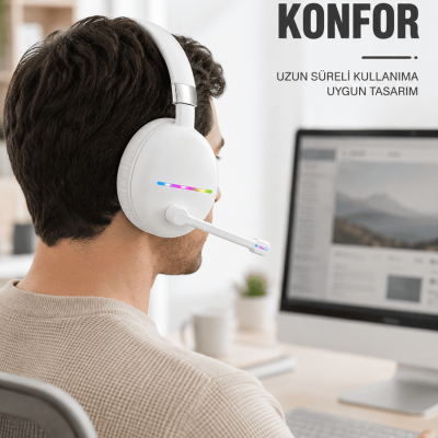 Beyaz Bluetooth 5.0 Mikrofonlu Kablosuz Kulak Üstü Kulaklık RGB Işıklı Type-C Şarjlı