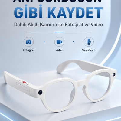Beyaz Bluetooth Akıllı Gözlük Dahili Kameralı Fotoğraf Video Kayıt Yapay Zeka Çeviri Dokunmatik Kontrol Özellikli