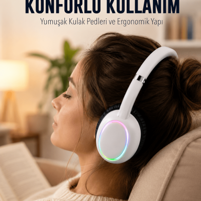 Beyaz Kablosuz Bluetooth Kulaklık Mikrofonlu Ergonomik Kulak Üstü Tasarım