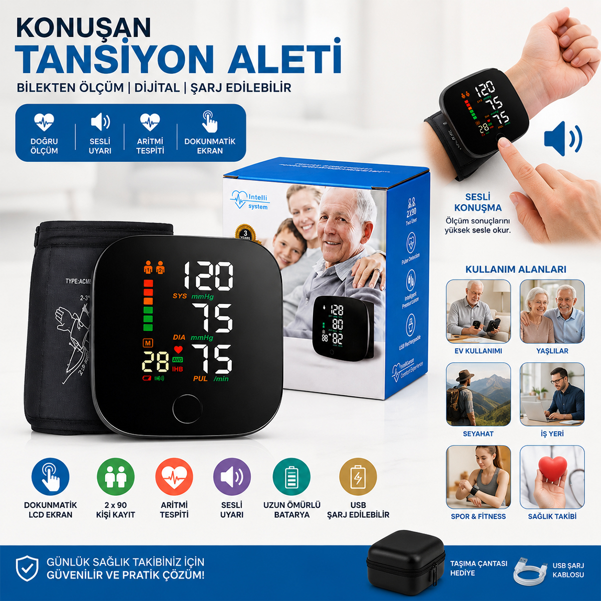 Bilek Tipi Dijital Tansiyon Ölçer - USB Şarjlı, Konuşan