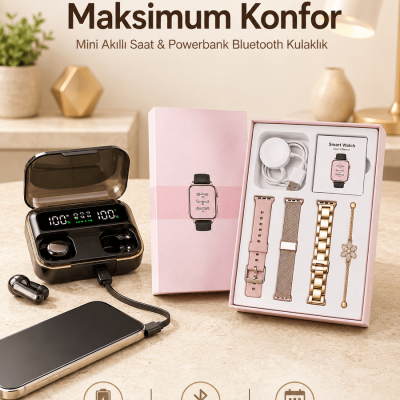 Bileklikli Amoled Ekran Akıllı Saat ve Dijital Göstergeli Kablosuz Bluetooth Kulaklık ANC/ ENC