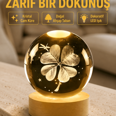 Bitki Temalı LED Işıklı Cam Küre Ahşap Standlı Modern Gece Lambası