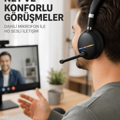 Bluetooth 5.0 Kablosuz Kulak Üstü Kulaklık Mikrofonlu RGB Aydınlatmalı