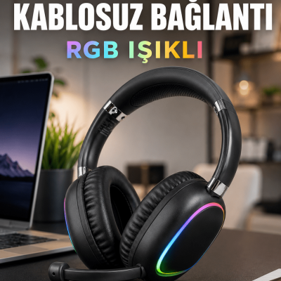 Bluetooth 5.0 Kablosuz Kulak Üstü Kulaklık Mikrofonlu RGB Aydınlatmalı