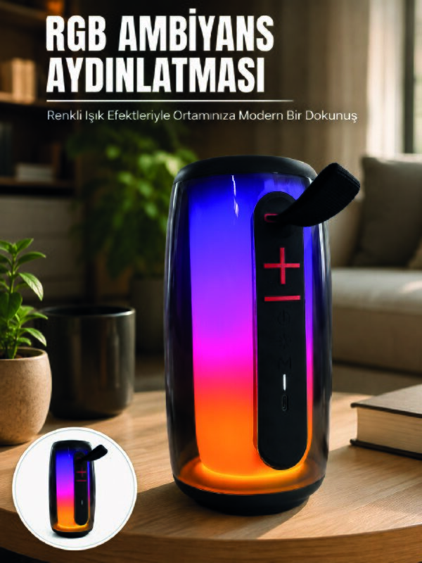 Bluetooth 5.3 RGB LED Işıklı Taşınabilir Hoparlör USB TF Kart AUX Destekli