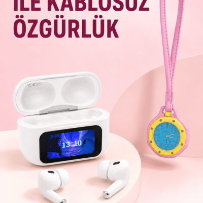 Bluetooth 5.4 Kablosuz Kulaklık Pembe Askılı Analog Charm Saat İkili Set