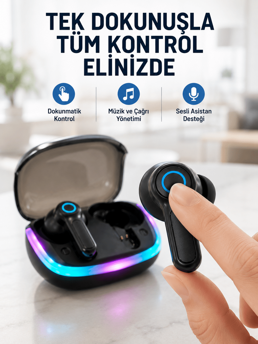 Bluetooth 5.4 TWS Kablosuz Kulaklık Quad ENC Mikrofonlu RGB Şarj Kutulu HD Ses