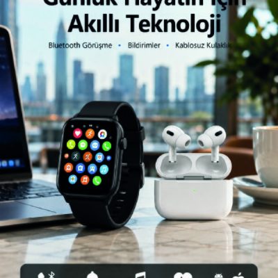 Bluetooth Arama Özellikli Akıllı Saat Seti Kablosuz Kulaklık Hediyeli, Android & iOS Uyumlu