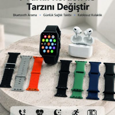 Bluetooth Görüşme Destekli Akıllı Saat Seti Kablosuz Kulaklık, 7 Kordon ve Çoklu Spor Modu