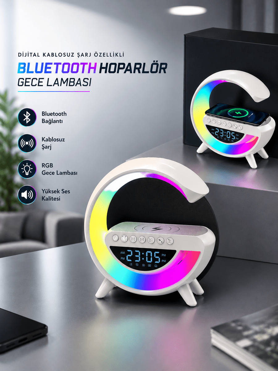 Bluetooth Hoparlör 15W Kablosuz Hızlı Şarj LED Gece Lambası
