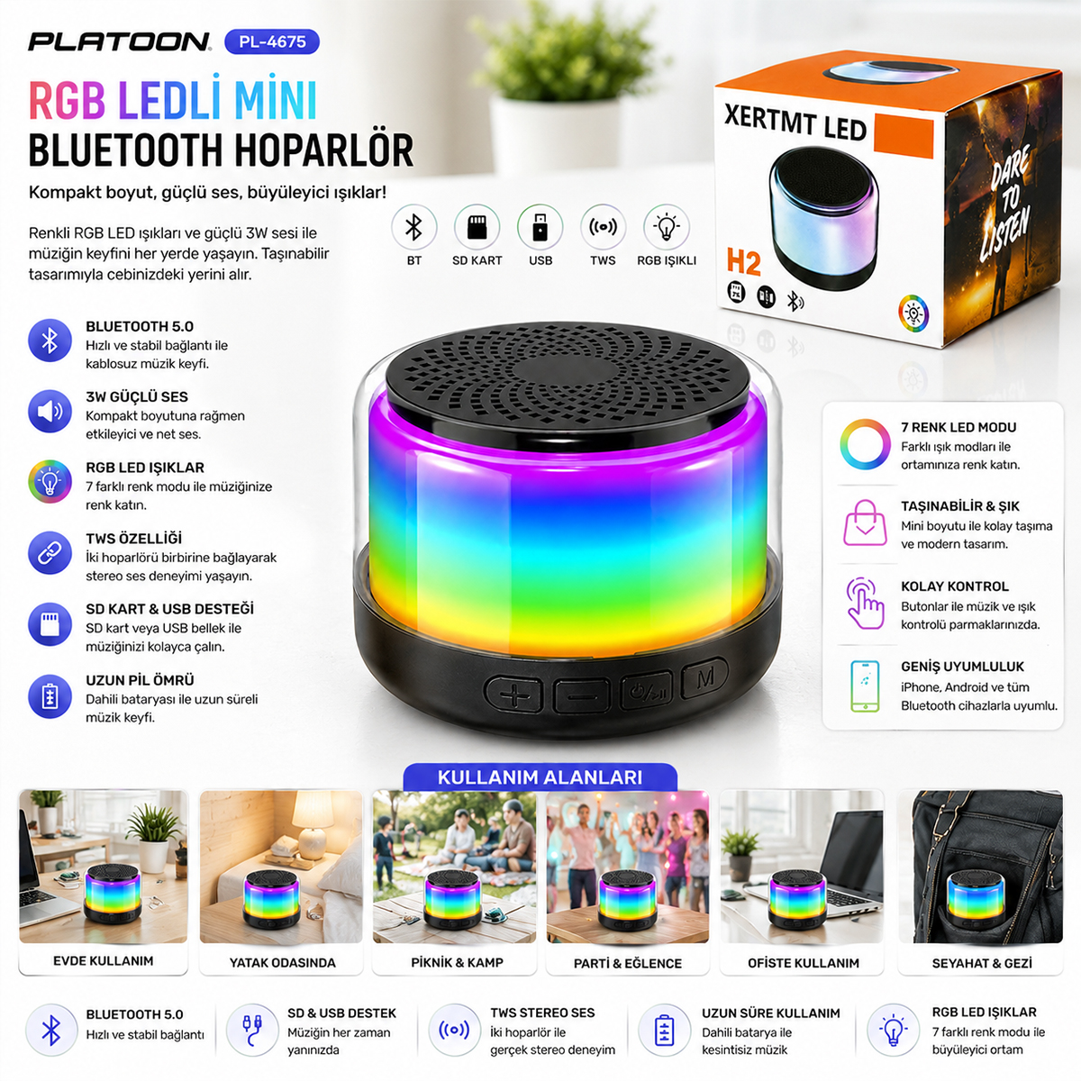 Bluetooth Hoparlör 3W RGB USB/SD Şarjlı