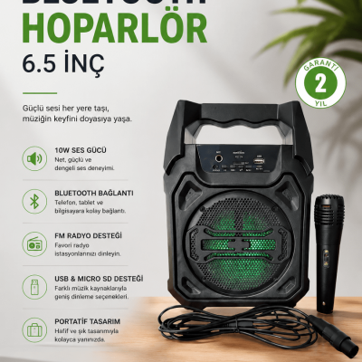 Bluetooth Hoparlör Mikrofonlu Taşınabilir Ses Sistemi FM Radyo, USB, SD Kart ve TWS Özellikli