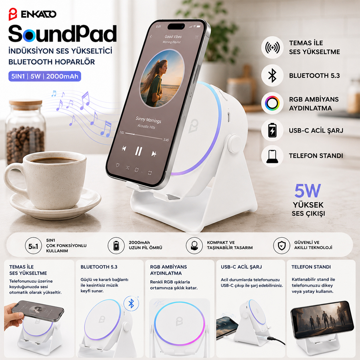 Bluetooth Hoparlör Soundpad EKD-S11 5W 2000mAh Beyaz