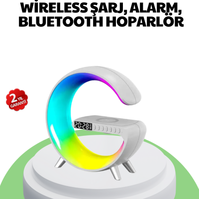 Bluetooth Hoparlörlü RGB Atmosfer Lambası Kablosuz Şarj ve Saat Özellikli