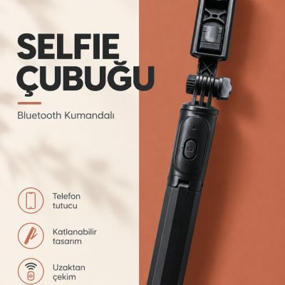 Bluetooth Kumandalı Katlanabilir Selfie Çubuğu ve Telefon Tutucu