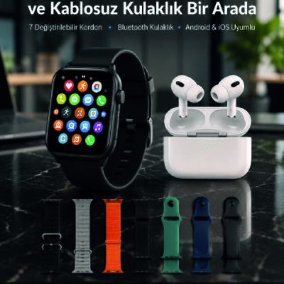 Bluetooth Telefon Görüşmeli Akıllı Saat Seti Kablosuz Bluetooth Kulaklık 7 Değiştirilebilir Kordon