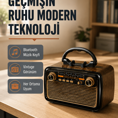 Bluetooth’lu LED Işıklı Nostaljik Müzik Kutusu – Ahşap Dokulu, Vintage Tasarım ve Yüksek Ses Kalitesi