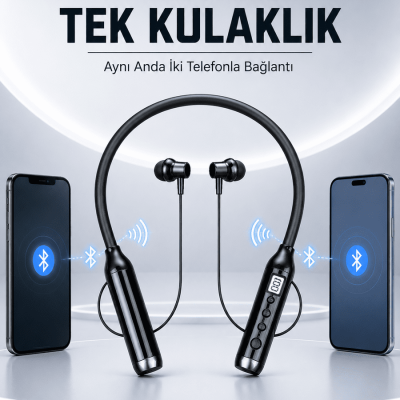 Boyun Bantlı Bluetooth Kulaklık Dijital Ekranlı Mikrofonlu Çift Telefon Bağlantılı Kablosuz Müzik ve Görüşme Kulaklığı