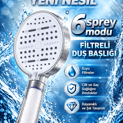 Büyük Panelli 6 Farklı Su Modlu Filtreli Duş Başlığı Beyaz Tasarım