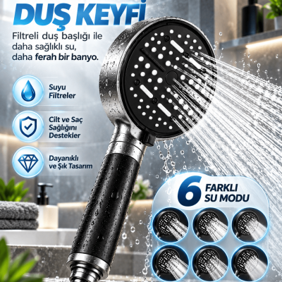 Çok Fonksiyonlu Filtreli Duş Başlığı 6 Farklı Sprey Modu Büyük Panel Siyah