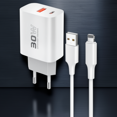 C89Q 1 Adet 30w Type-c Ve 1 Adet 22.5w Usb Çıkışlı Ekstra Dl48 1m Usb To Lightning Kablolu Pd Şarj Cihazı - Beyaz