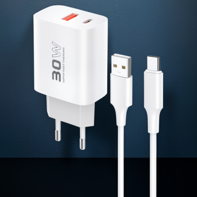 C89Q 1 Adet 30w Type-c Ve 1 Adet 22.5w Usb Çıkışlı Ekstra Dl49 1m Usb To Type-c Kablolu Pd Şarj Cihazı - Beyaz