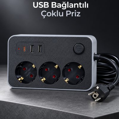 Çalışma Alanlarına Uygun Anahtarlı USB ve Type C Şarj Çıkışlı Kablolu Çoklu Priz