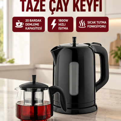 Çaycı Cam Demlikli 1800W Güçlü ve Sıcak Tutmalı Elektrikli Çay Makinesi