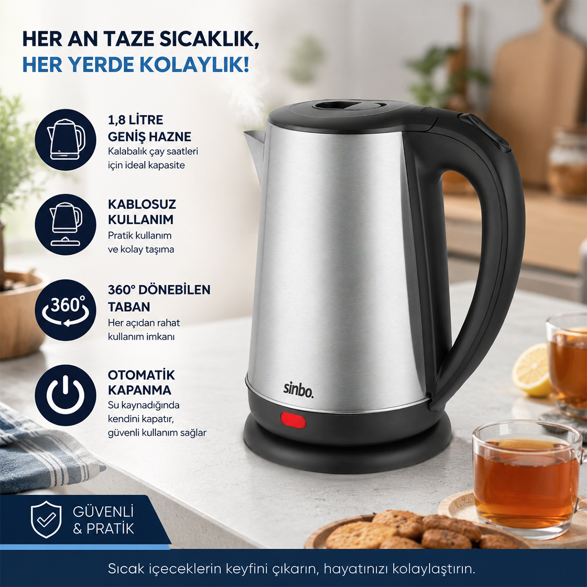 Çelik Kablosuz Su Isıtıcı Kettle 1.8L (360° Döner, Otomatik Kapanma)