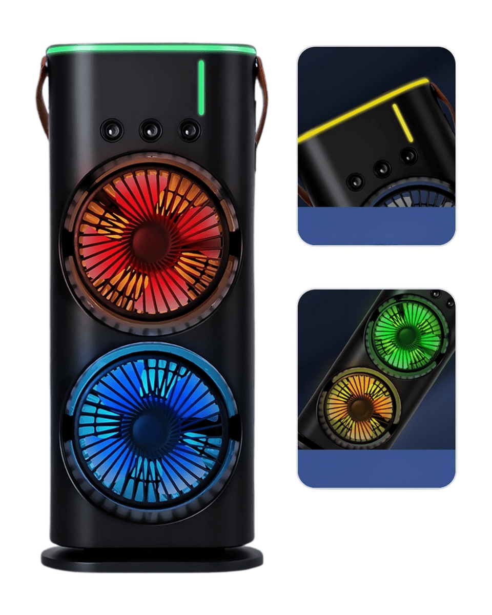 Şarjlı Buharlı Serinletici Fan RGB Işıklı Çift Pervaneli Masa Fanı
