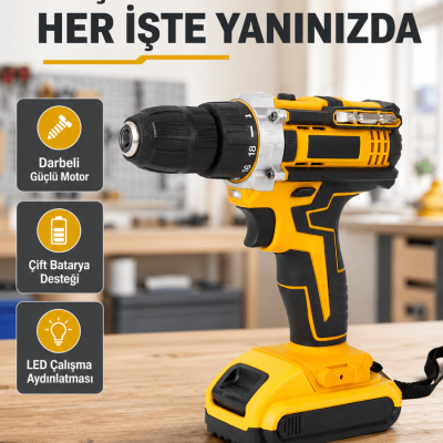 Çift Bataryalı Darbeli Şarjlı Matkap Seti – Metal Dişli, 24 Parça Aksesuar ve LED Işıklı