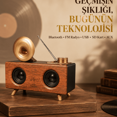 Çift Hoparlörlü Retro Bluetooth Speaker 1800mAh Bataryalı AUX USB SD Kartlı