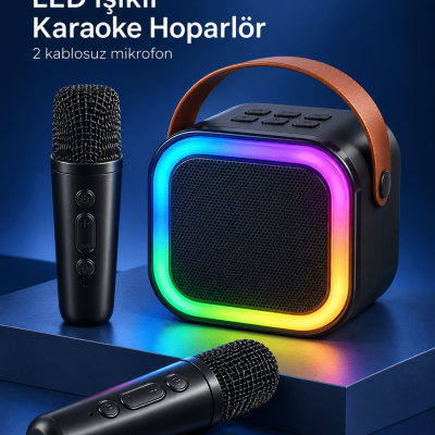 Çift Kablosuz Mikrofonlu LED Işıklı Bluetooth Karaoke Hoparlör Seti