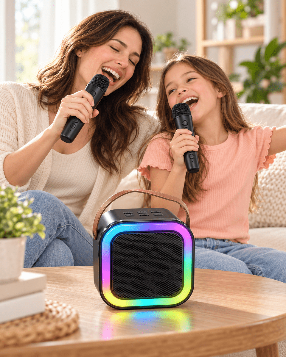 Taşıma Askılı Siyah LED Işıklı Bluetooth Hoparlör Çift Mikrofonlu Karaoke Seti