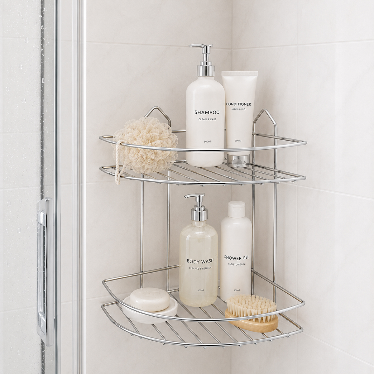 Çift Katlı Krom Metal Banyo Köşeliği - Üçgen Duş Rafı