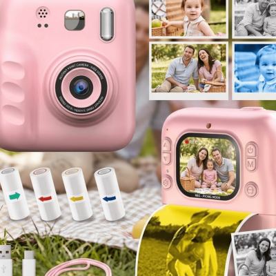 Çocuk Dijital Fotoğraf Makinesi Anında Baskı ve HD Video Kayıt Özellikli 5 kalem ve 4 rulo kağıt hediye