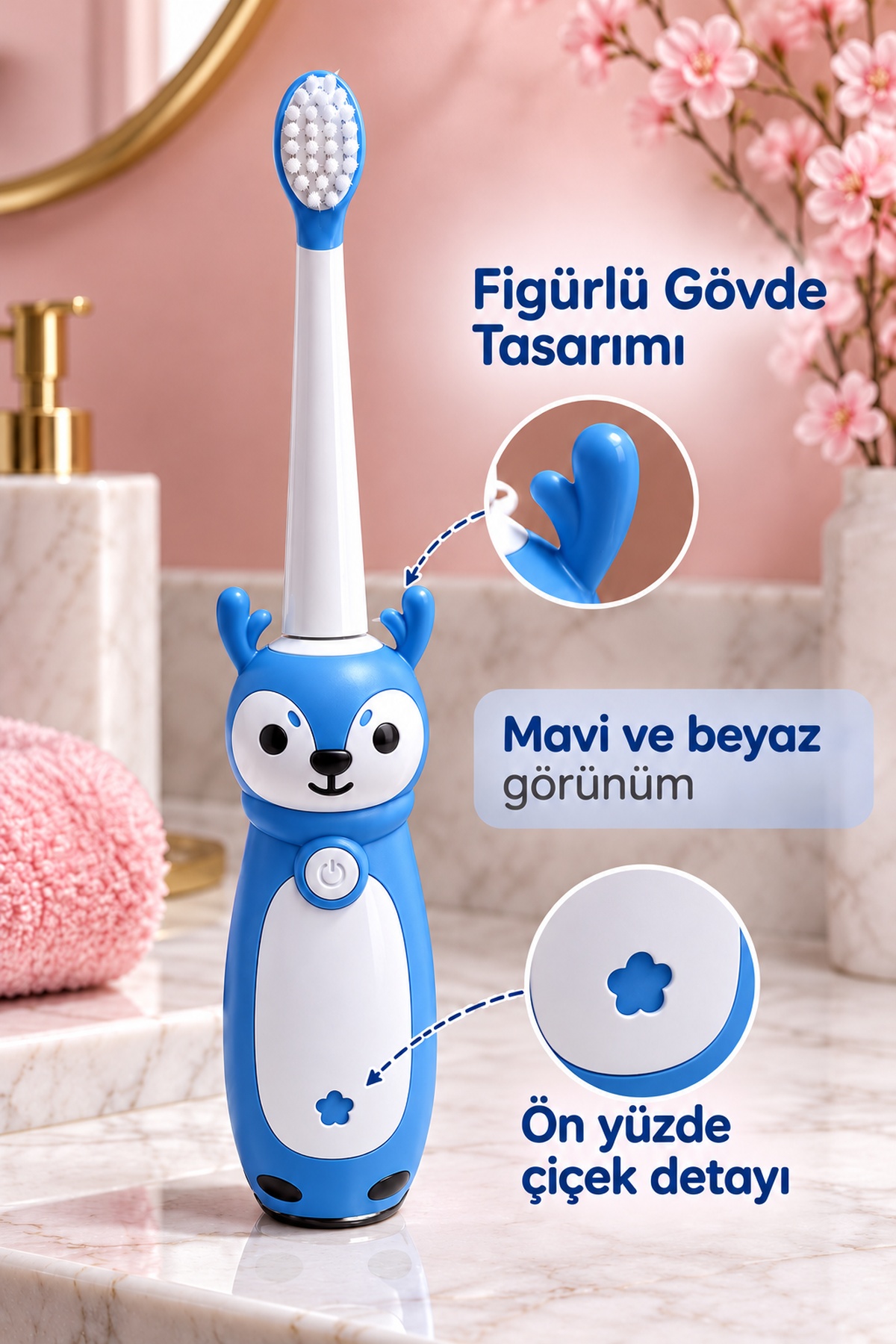 Şarjlı Diş Fırçası Mavi Geyik Tasarımlı Oval Başlıklı