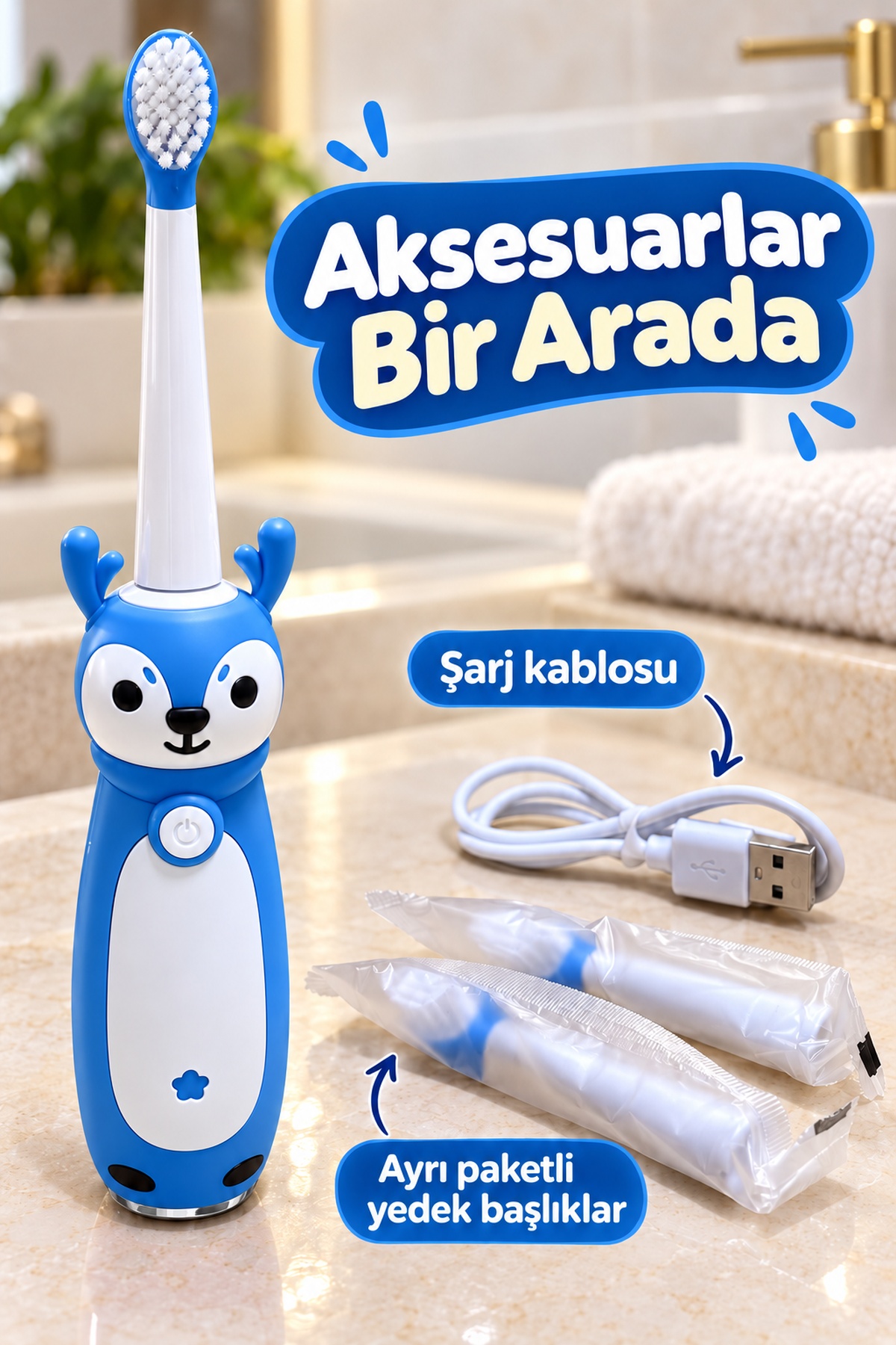 Şarjlı Diş Fırçası Mavi Geyik Tasarımlı Oval Başlıklı