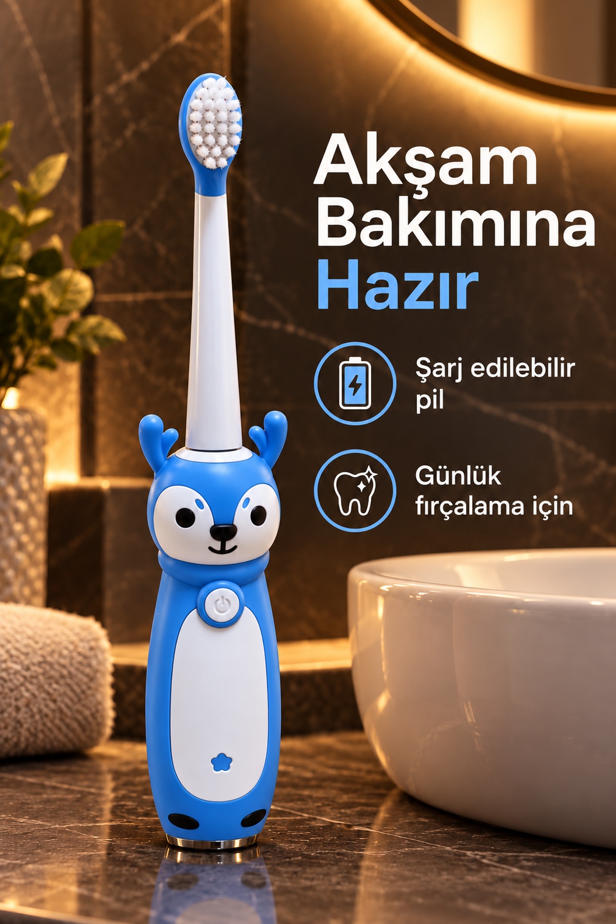 Şarjlı Diş Fırçası Mavi Geyik Tasarımlı Oval Başlıklı
