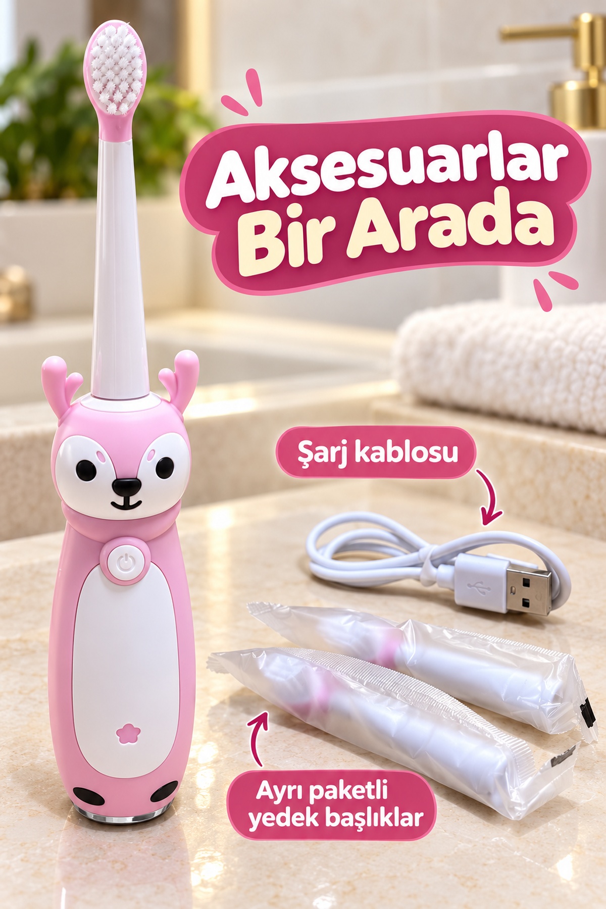 Elektrikli Diş Fırçası Pembe Beyaz Geyik Tasarımlı
