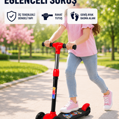 Çocuk Scooterı 3 Tekerlekli Denge Destekli Ayarlanabilir Gidonlu Çocuk Skuteri